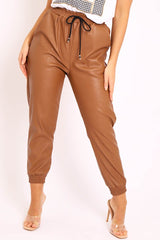 Brown Faux Leather Drawstring Waist Joggers - Persia-Joggers
