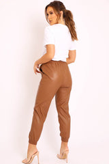 Brown Faux Leather Drawstring Waist Joggers - Persia-Joggers