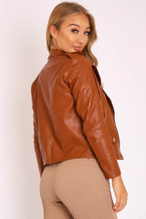 Brown Faux Leather Pocket Detail Zip Front Jacket - Lara-Jackets