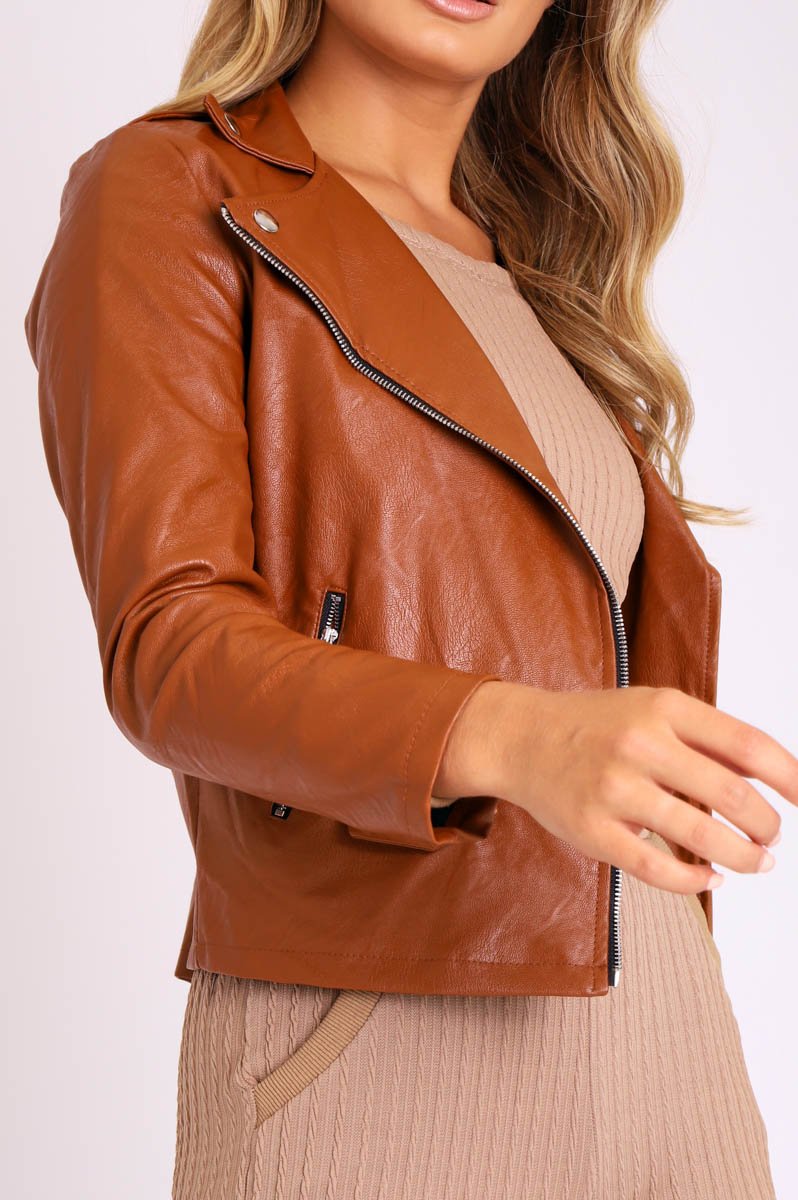 Brown Faux Leather Pocket Detail Zip Front Jacket - Lara-Jackets