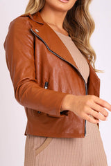 Brown Faux Leather Pocket Detail Zip Front Jacket - Lara-Jackets