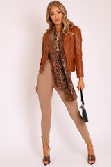 Brown Faux Leather Pocket Detail Zip Front Jacket - Lara-Jackets