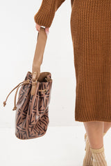 Brown Faux Leather Repeat Print Bucket Bag - Sirena-Bags