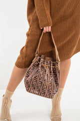 Brown Faux Leather Repeat Print Bucket Bag - Sirena-Bags
