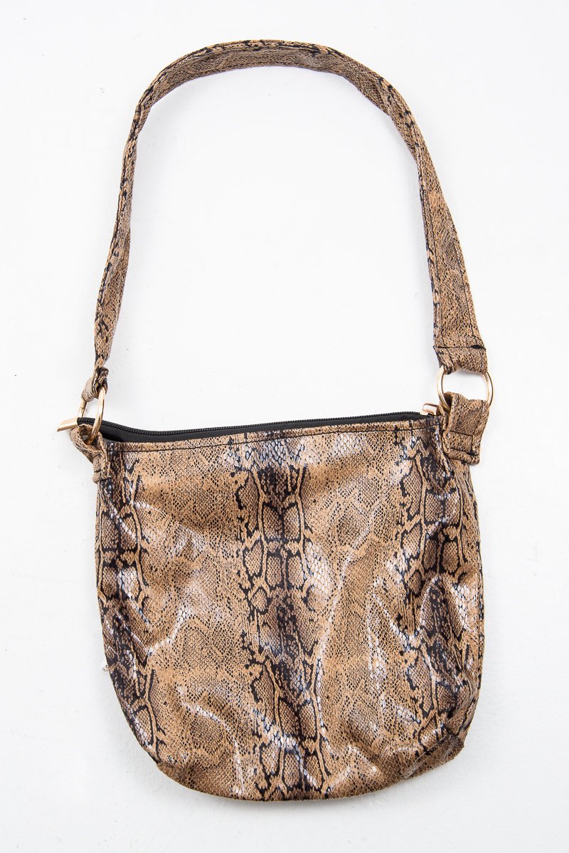 Brown Faux Leather Snake Print Handbag - Zenia-Bags