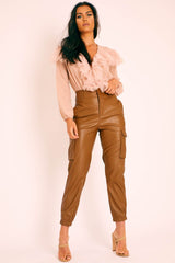 Brown Faux Leather Utility Cuff Bottom Trousers - Dayna-Trousers