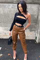 Brown Faux Leather Utility Cuff Bottom Trousers - Dayna-Trousers