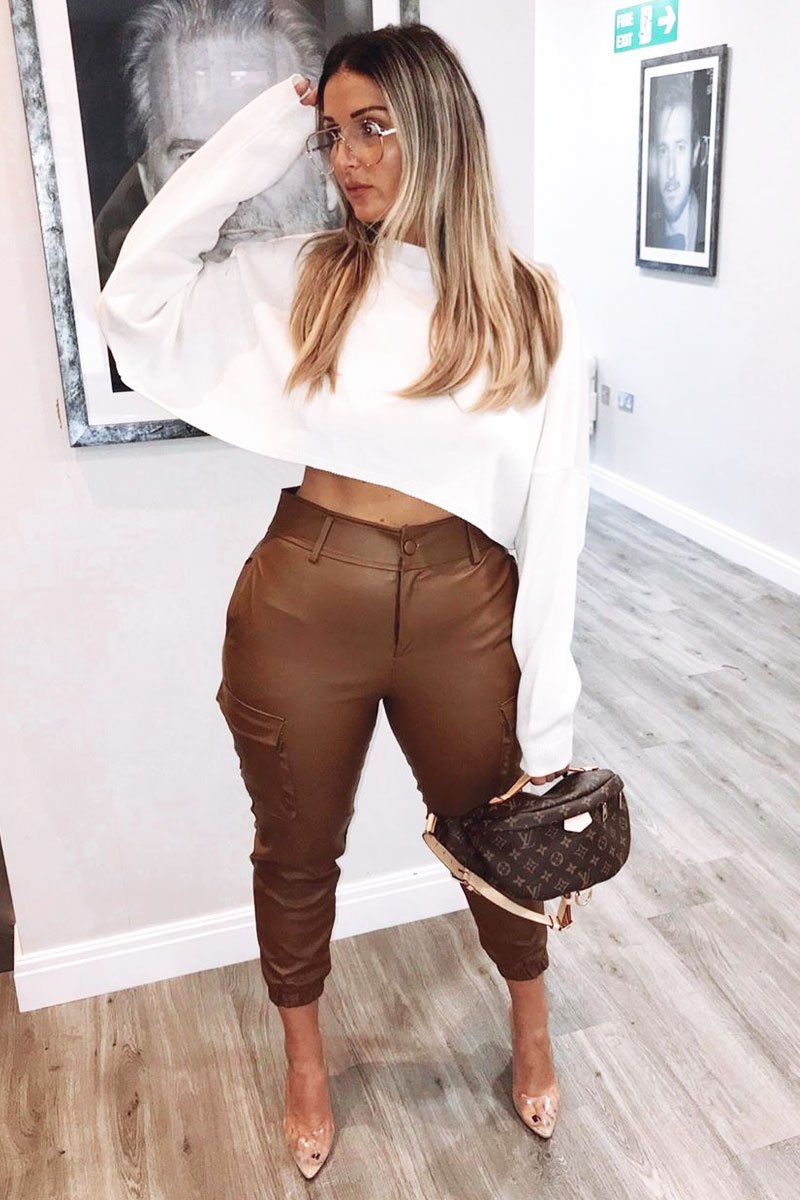 Brown Faux Leather Utility Cuff Bottom Trousers - Dayna-Trousers