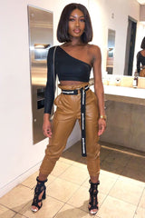 Brown Faux Leather Utility Cuff Bottom Trousers - Dayna-Trousers