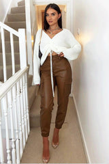 Brown Faux Leather Utility Cuff Bottom Trousers - Dayna-Trousers