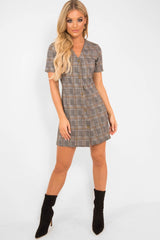 Brown Houndstooth Button Front Mini Dress - Heylee-Dresses