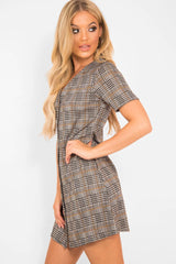 Brown Houndstooth Button Front Mini Dress - Heylee-Dresses
