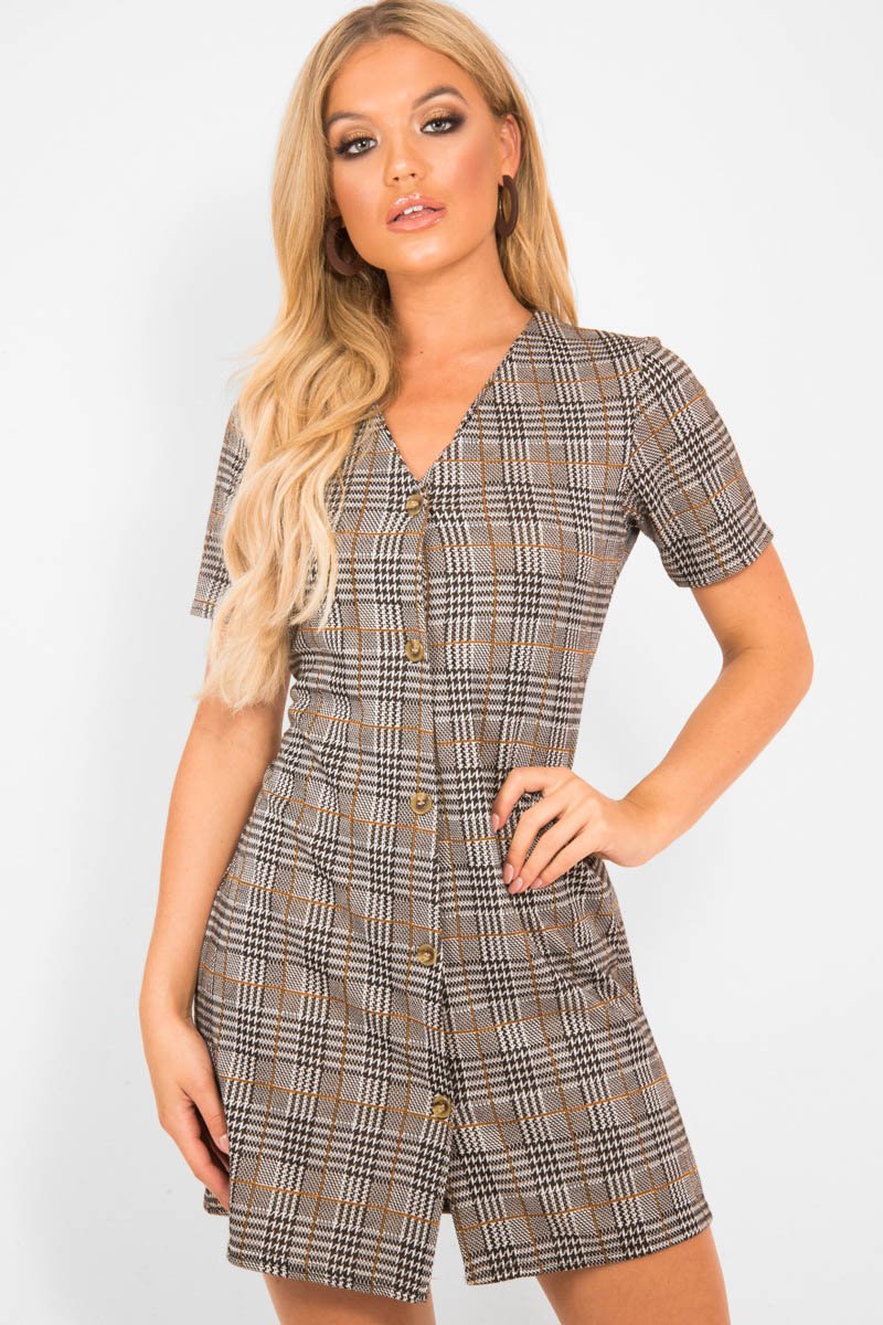 Brown Houndstooth Button Front Mini Dress - Heylee-Dresses