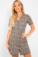 Brown Houndstooth Button Front Mini Dress - Heylee-Dresses