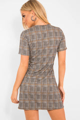 Brown Houndstooth Button Front Mini Dress - Heylee-Dresses