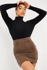 Brown Houndstooth Button Mini Skirt - Ruthie-Skirts