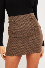Brown Houndstooth Button Mini Skirt - Ruthie-Skirts