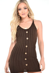 Brown Knit Button Front Cami Dress - Devora-Dresses