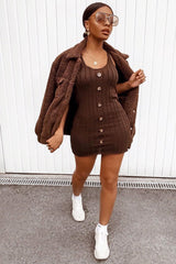 Brown Knit Button Front Cami Dress - Devora-Dresses