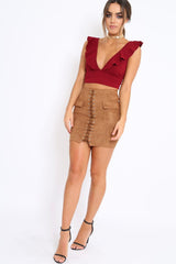 Brown Lace Up Suedette Mini Skirt - Lotty-Skirts