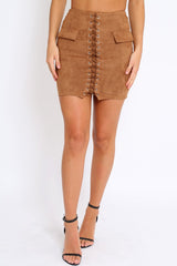 Brown Lace Up Suedette Mini Skirt - Lotty-Skirts