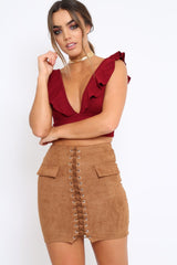 Brown Lace Up Suedette Mini Skirt - Lotty-Skirts