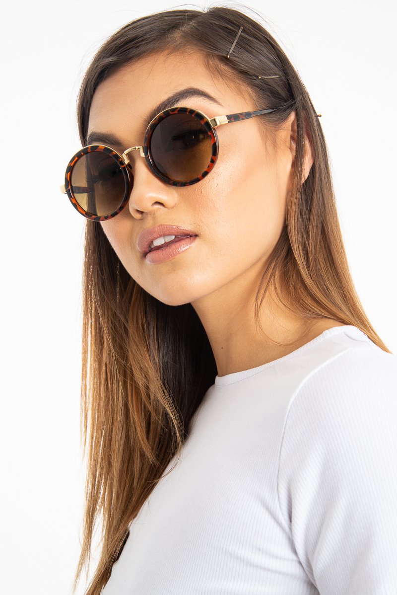 Brown Leopard Gold Detail Round Frame Sunglasses - Ryen-Sunglasses