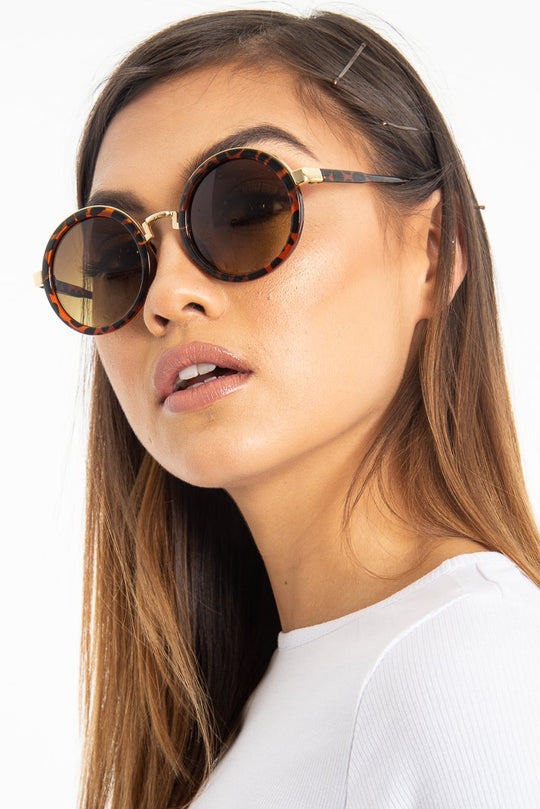 Brown Leopard Gold Detail Round Frame Sunglasses - Ryen