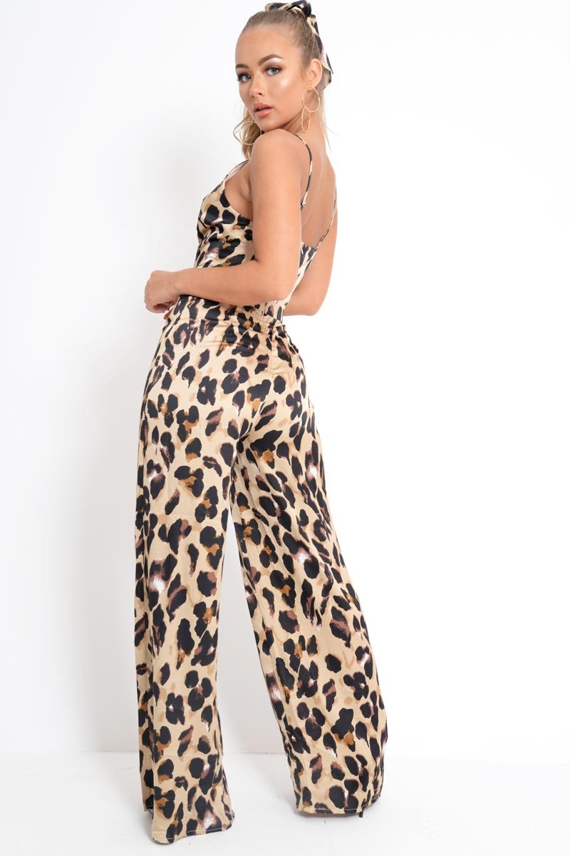 Brown Leopard Halter Plunge Jumpsuit - Gwyn-Jumpsuits