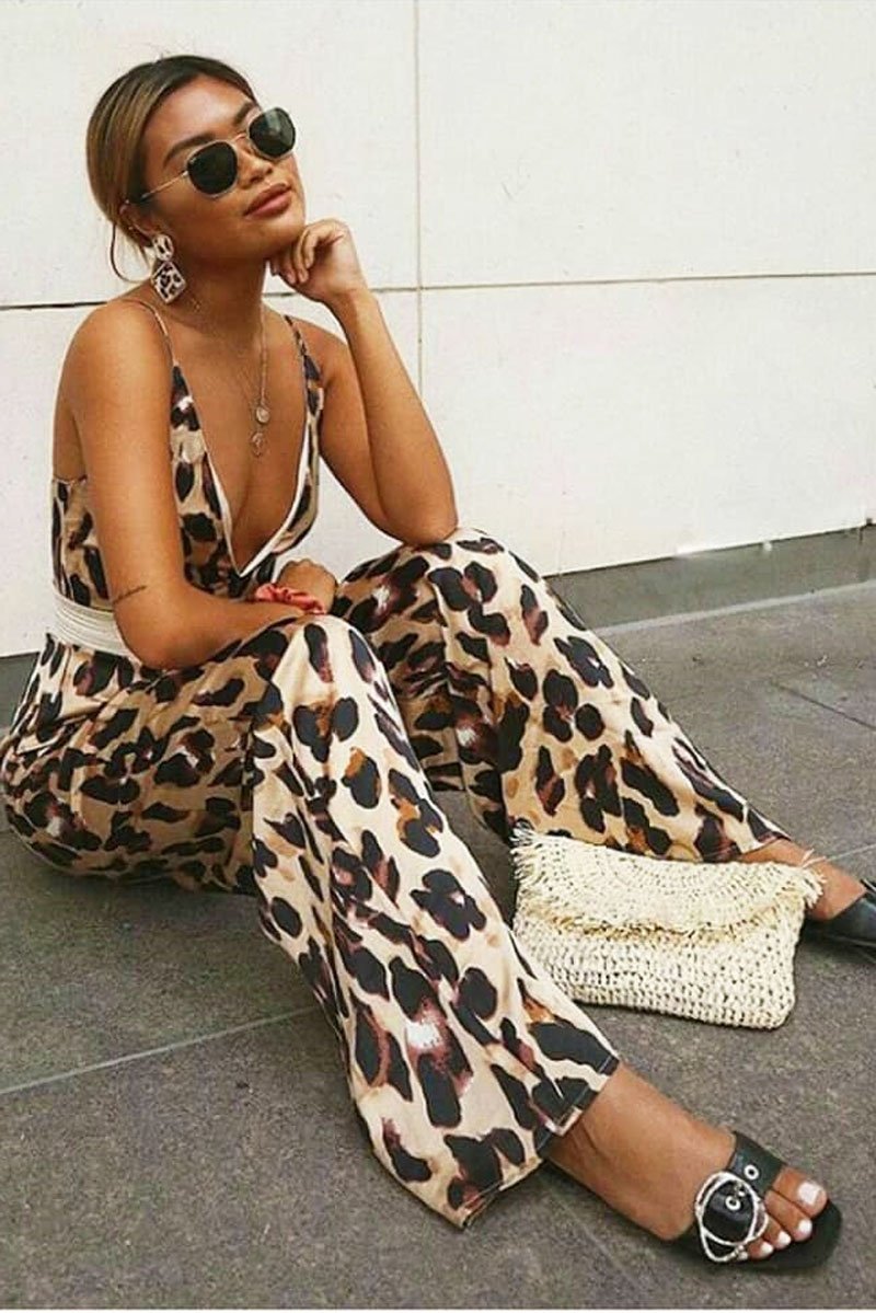 Brown Leopard Halter Plunge Jumpsuit - Gwyn-Jumpsuits