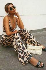 Brown Leopard Halter Plunge Jumpsuit - Gwyn-Jumpsuits