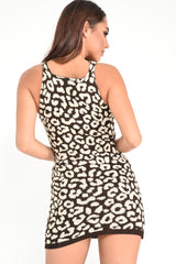 Brown Leopard Knit Button Front Cami Bodycon Dress - Myka-Dresses