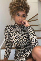 Brown Leopard Plisse High Neck Mini Dress - Marieta-Dresses