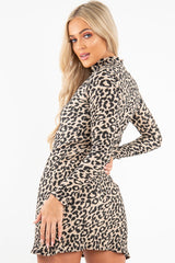 Brown Leopard Plisse High Neck Mini Dress - Marieta-Dresses