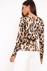 Brown Leopard Plunge Tie Front Shirt - Halina-Shirts