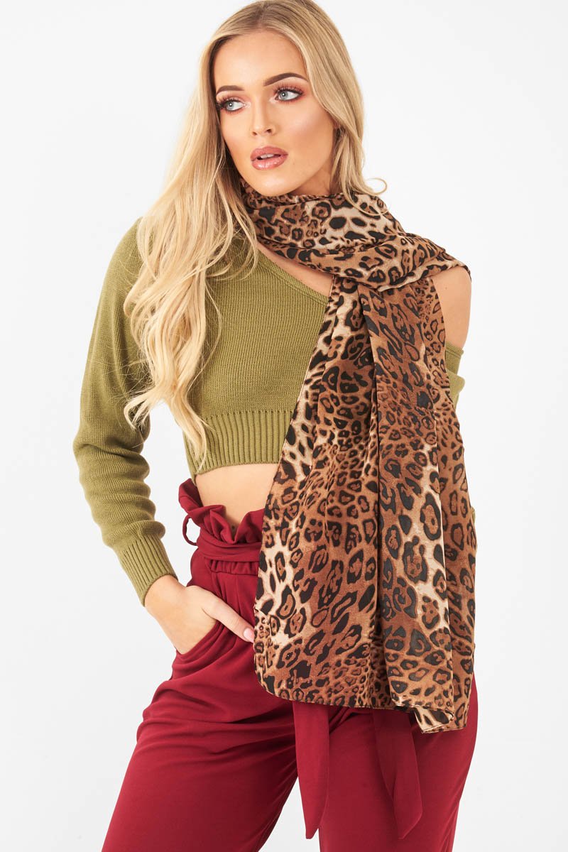 Brown Leopard Print Chiffon Scarf - Adell-Accessories