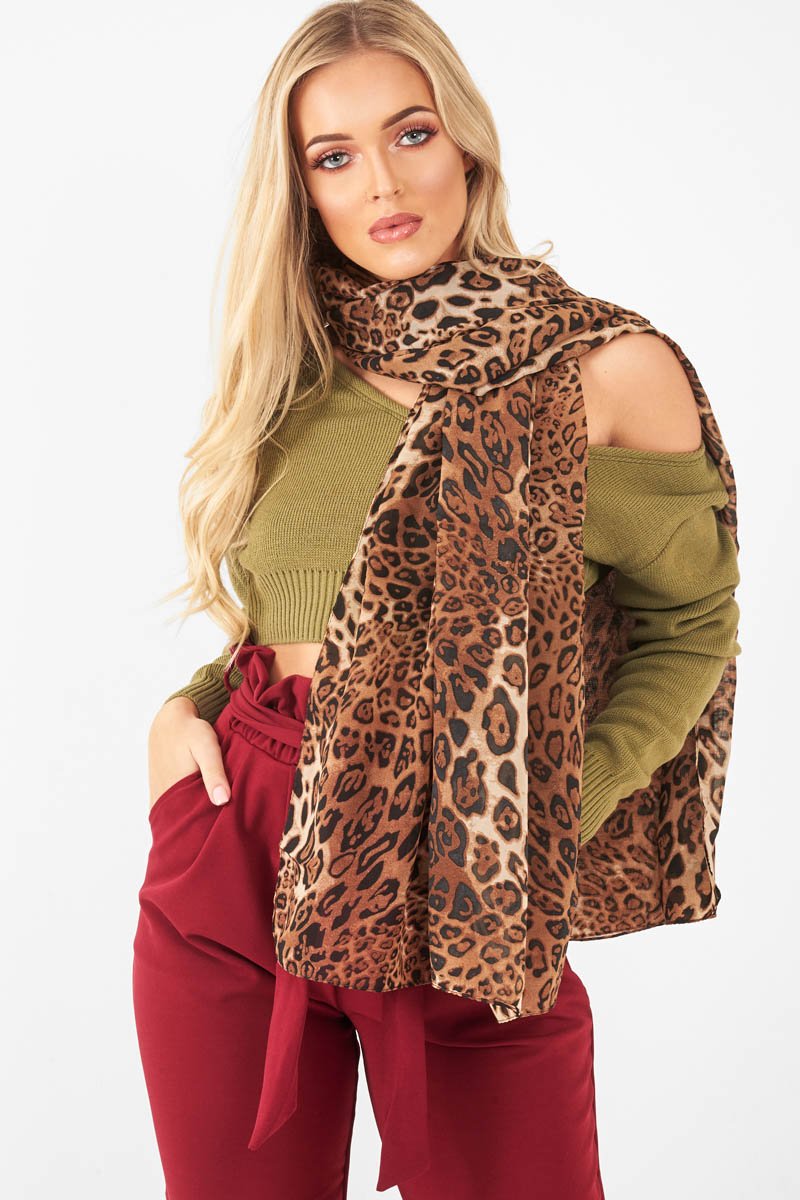Brown Leopard Print Chiffon Scarf - Adell-Accessories