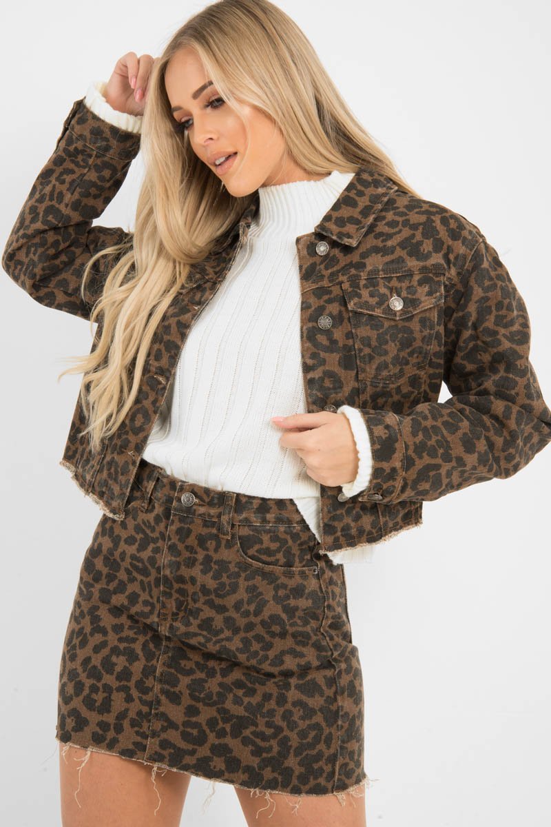 Brown Leopard Print Crop Denim Jacket - Hartlee-Jackets