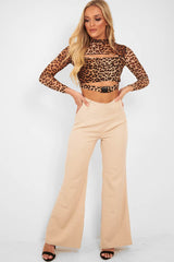 Brown Leopard Print Cut Out Mesh Buckle Crop Top - Tionne-Tops