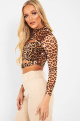 Brown Leopard Print Cut Out Mesh Buckle Crop Top - Tionne-Tops
