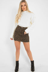 Brown Leopard Print Denim Mini Skirt - Joyelle-Skirts