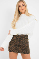 Brown Leopard Print Denim Mini Skirt - Joyelle-Skirts