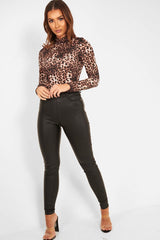 Brown Leopard Print High Neck Long Sleeve Bodysuit - Monique-Bodysuits