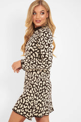 Brown Leopard Print Knitted Jumper Dress - Kamarie-Dresses