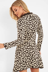 Brown Leopard Print Knitted Jumper Dress - Kamarie-Dresses