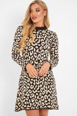 Brown Leopard Print Knitted Jumper Dress - Kamarie-Dresses