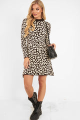 Brown Leopard Print Knitted Jumper Dress - Kamarie-Dresses