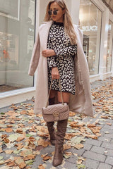 Brown Leopard Print Knitted Jumper Dress - Kamarie-Dresses
