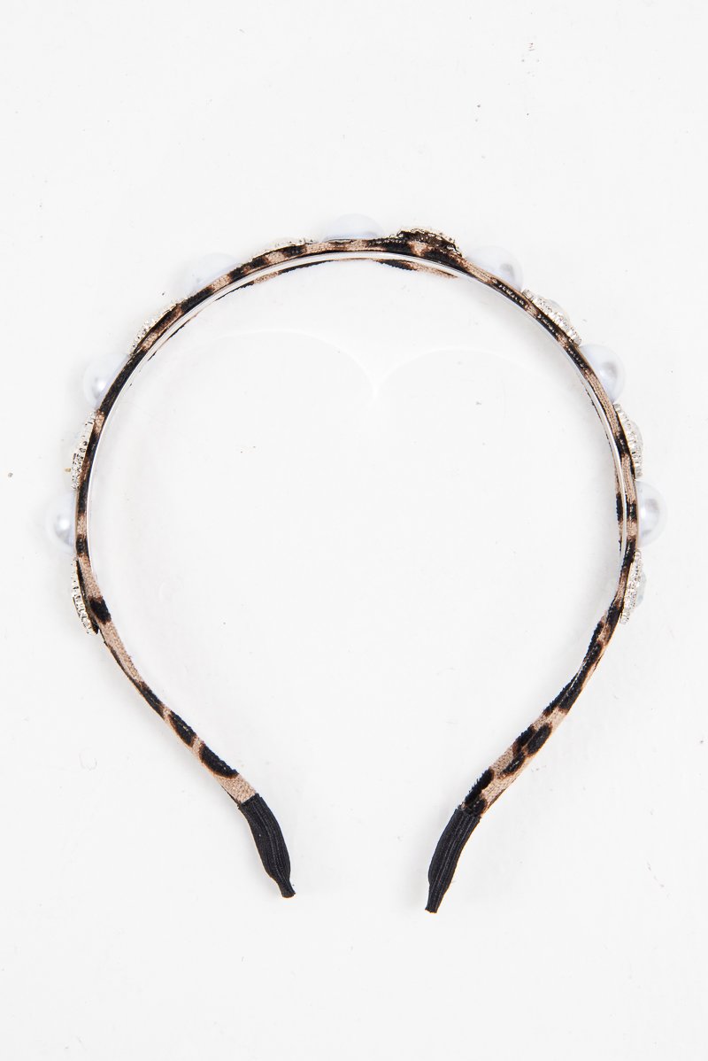 Brown Leopard Print Pearl Embellished Hairband - Joline-Hair