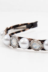 Brown Leopard Print Pearl Embellished Hairband - Joline-Hair